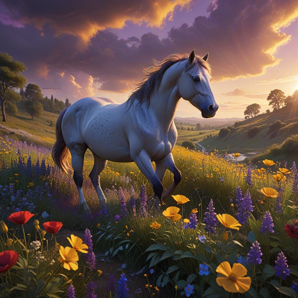 Peaceful Summer Countryside Scene with Horses and Wildflower...