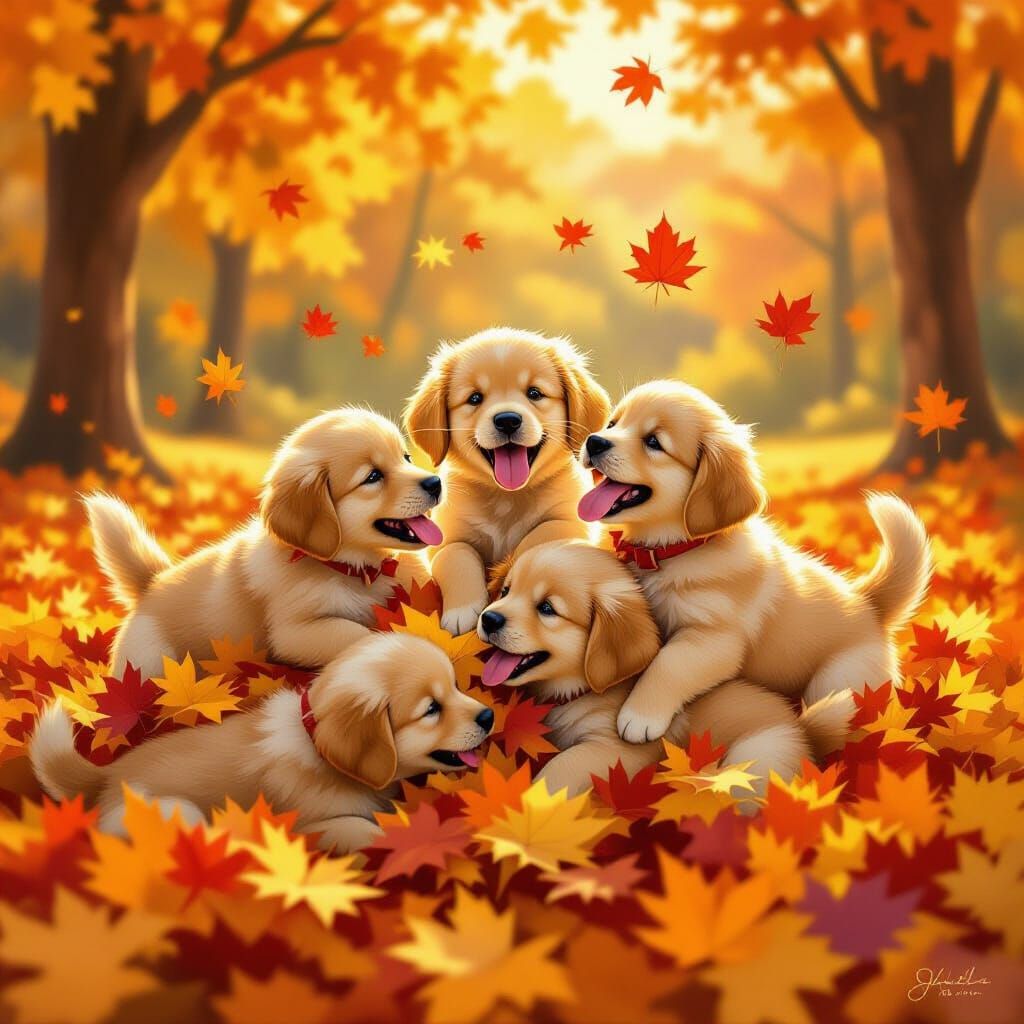 Golden Retriever Puppies Play in Autumn Leaves