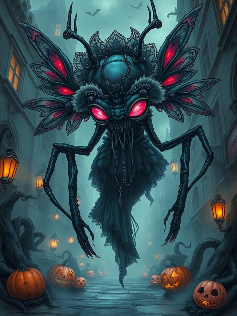 Gothic Insect Goddess in a Foggy City