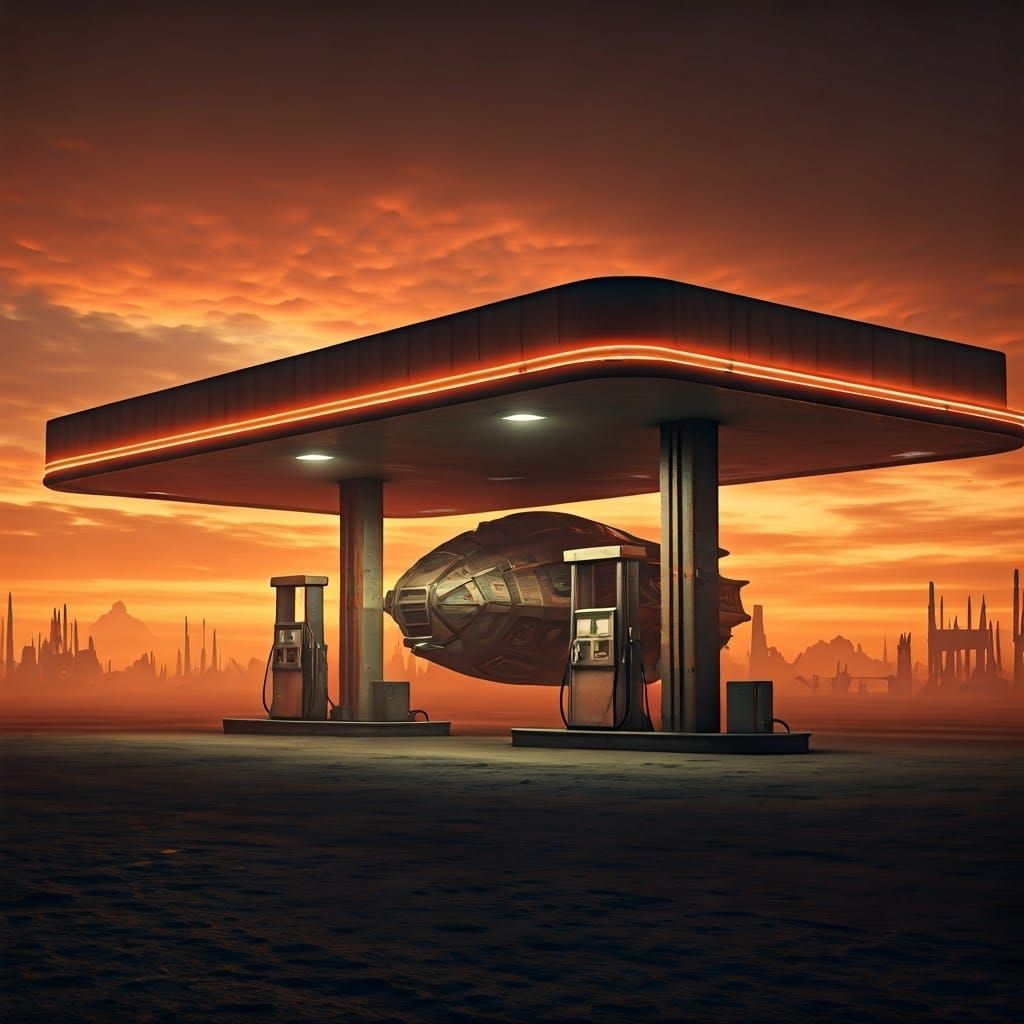 Ethereal Gas Station on a Distant Planet in a Cyberpunk Aest...