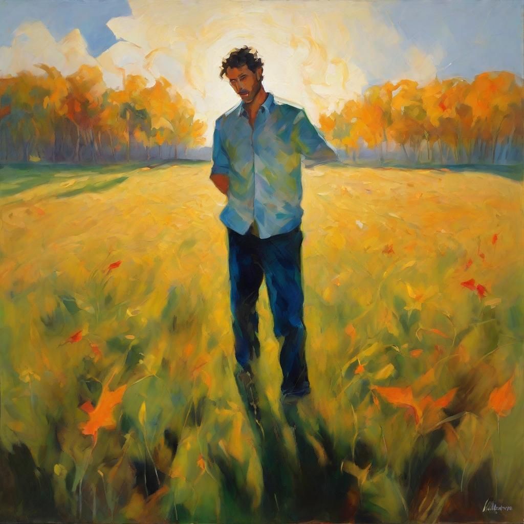 Whimsical Alyosha in Sunlit Field of Swirling Leaves