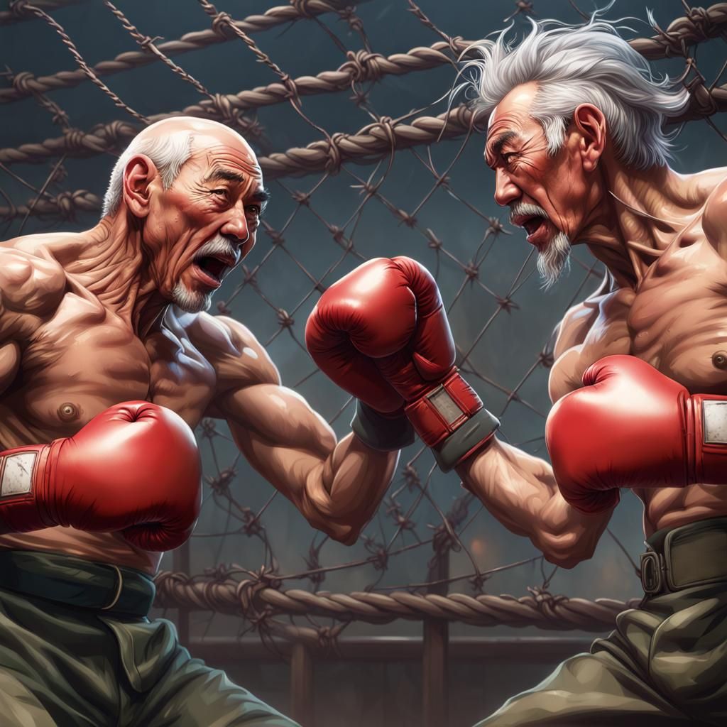Intense Boxing Match: Japanese Elders in Military Uniforms