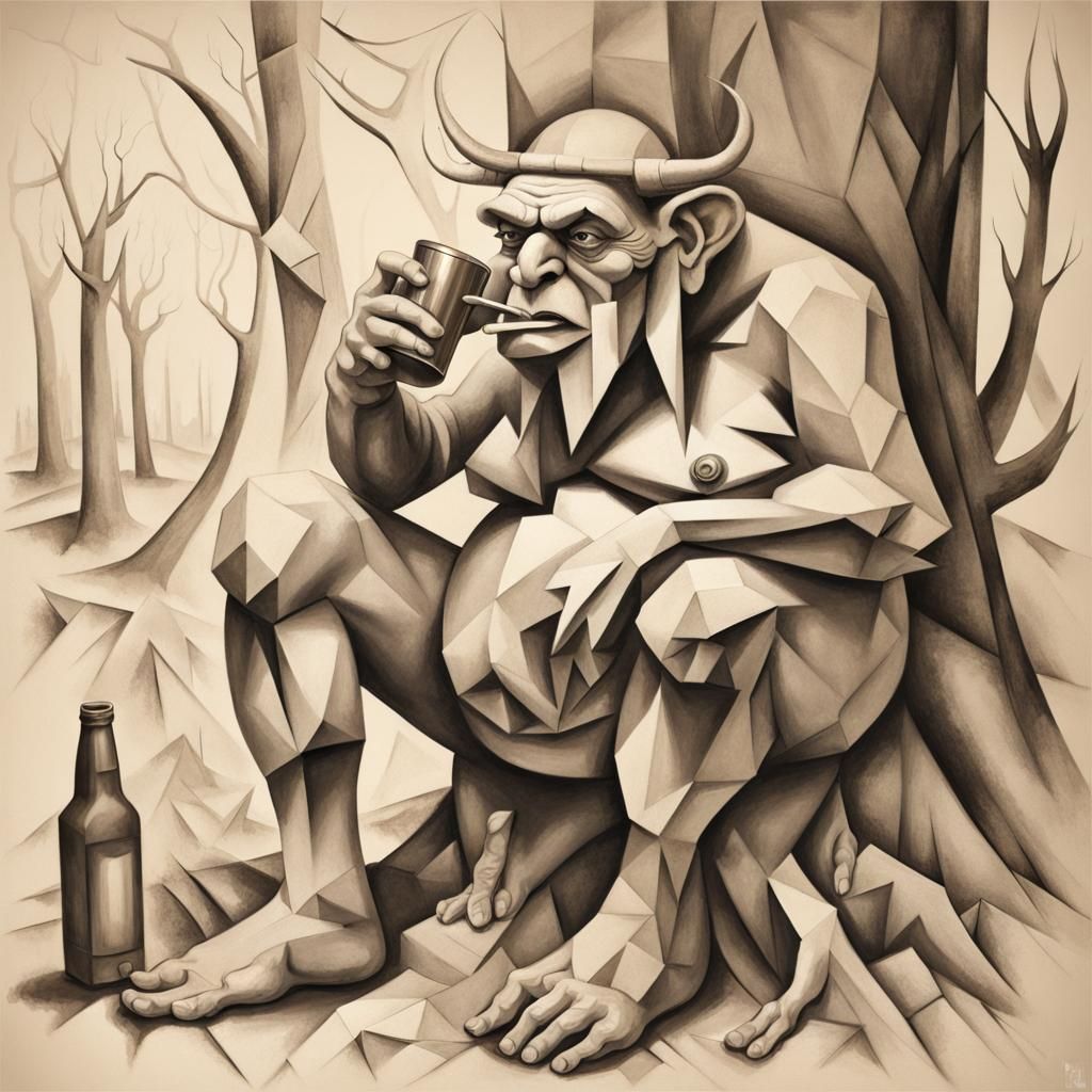 Sad old forest troll smoking a pipe and drinking large beer;
Pencil sketch. abstract cubism Euclidean Georgy Kurasov Al...