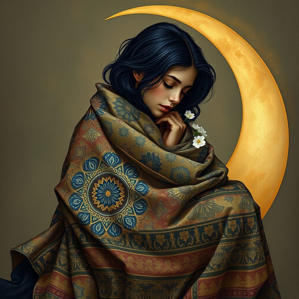 Woman in Patchwork Cloak on Crescent Moon
