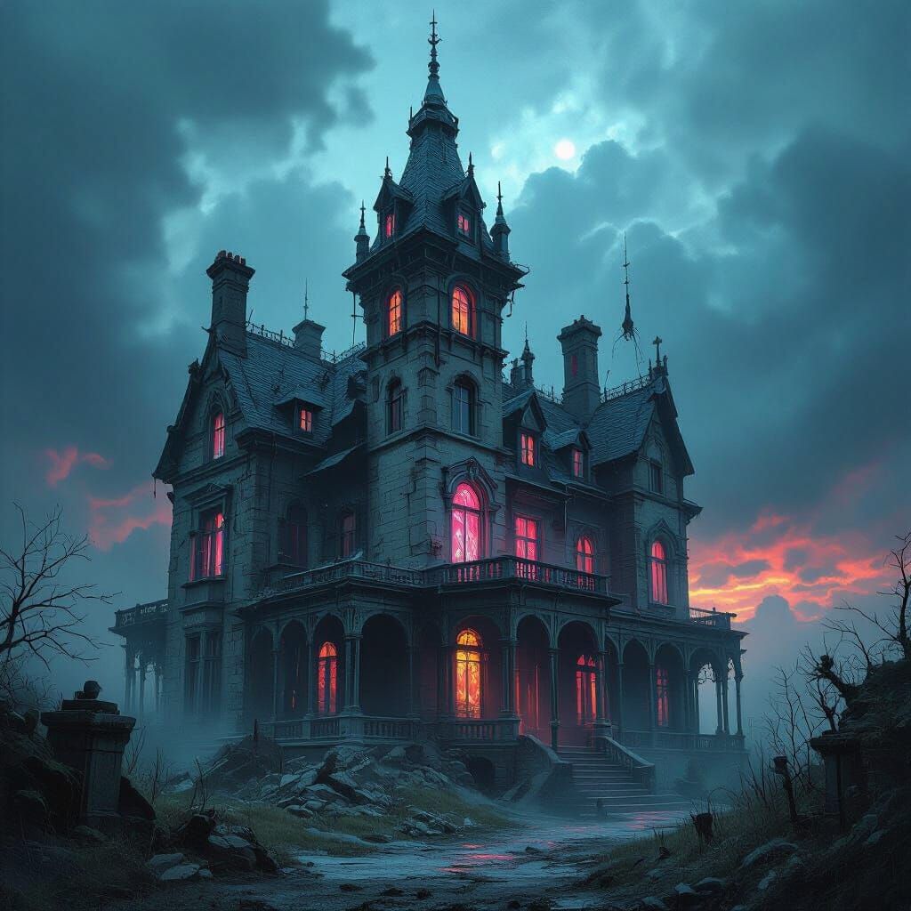 Cyberpunk Victorian Mansion Under a Stormy Sky