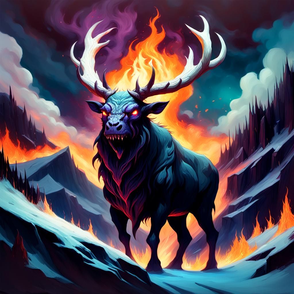 Dark Fantasy Hellish Creature Emerges from Burning Inferno