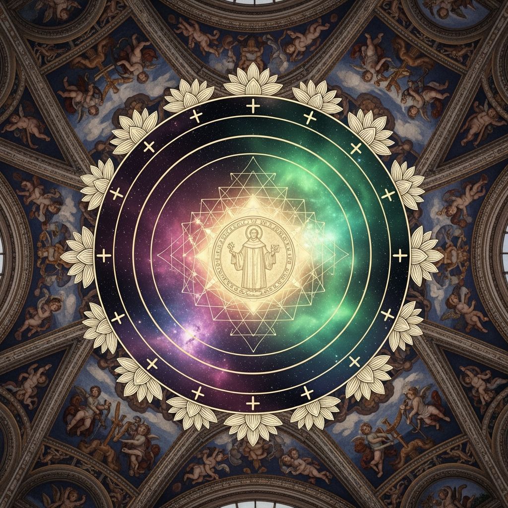 Sacred Yantra with St. Benedict Medal Amidst Cosmic Renaissa...