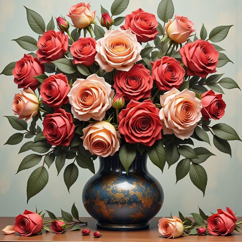 Steampunk Rose Still Life in Red Flux Style