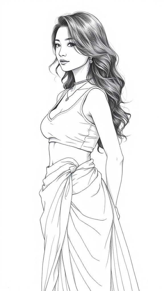 Elegant Pencil Sketch of a Korean Woman in Saree