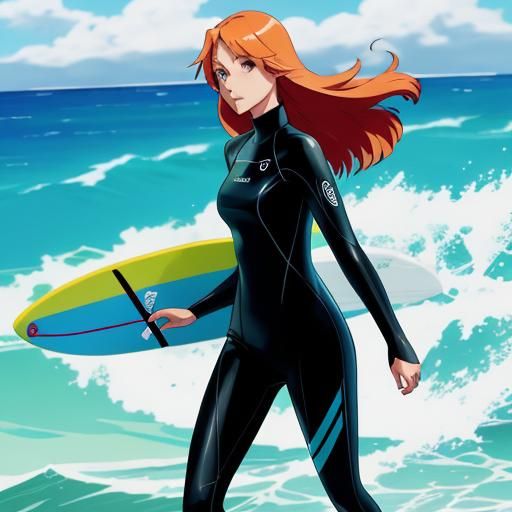 Female Surfer on Beach in Anime Style