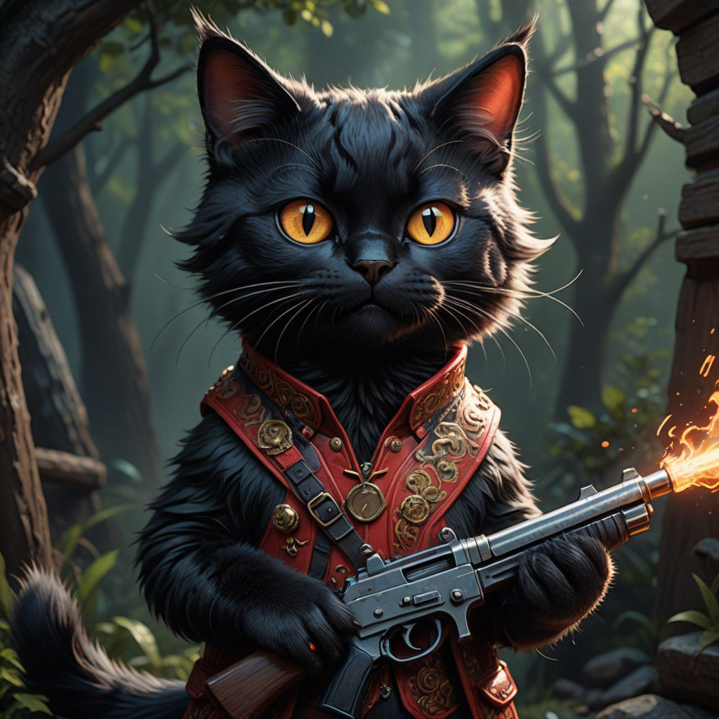Adorable Black Cat Wields Gun with Cheeky Expression in Whim...