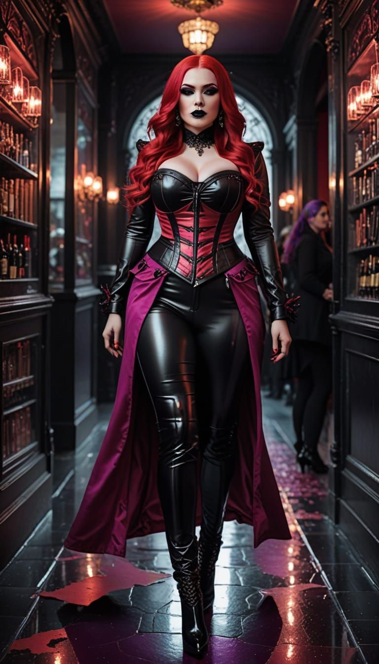 Happy BBW Woman in Red Latex Walking on Glass