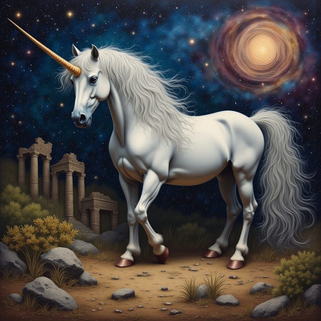 Majestic Unicorn Against Cosmic Nebula in Oil Painting Style