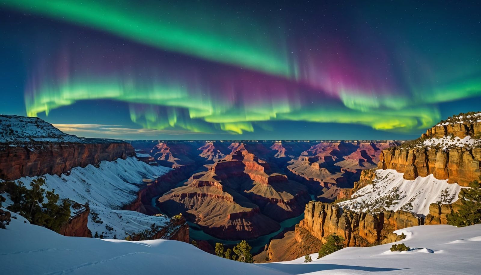 Northern Lights Dancing over Grand Canyon Cliffs in HDR