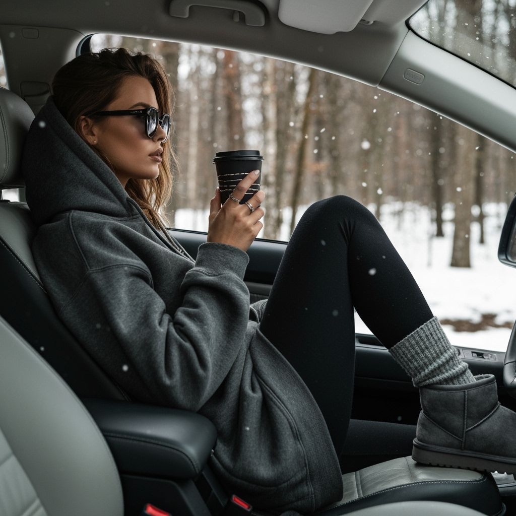 Woman in Cozy Hoodie Reclines in Sleek Car