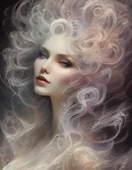 Ethereal Woman in White Gown in Misty Landscape