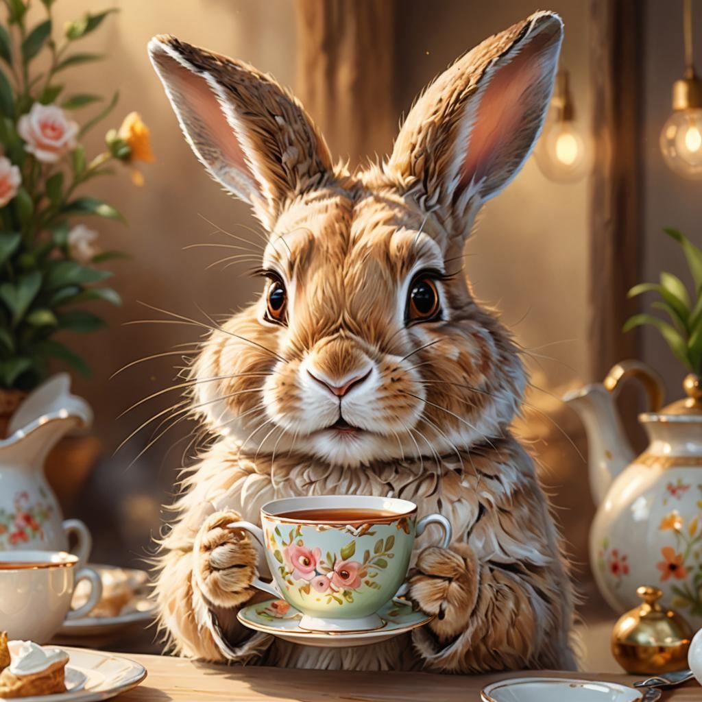 Cute Rabbit with Teacup in Pastel Cartoon Style