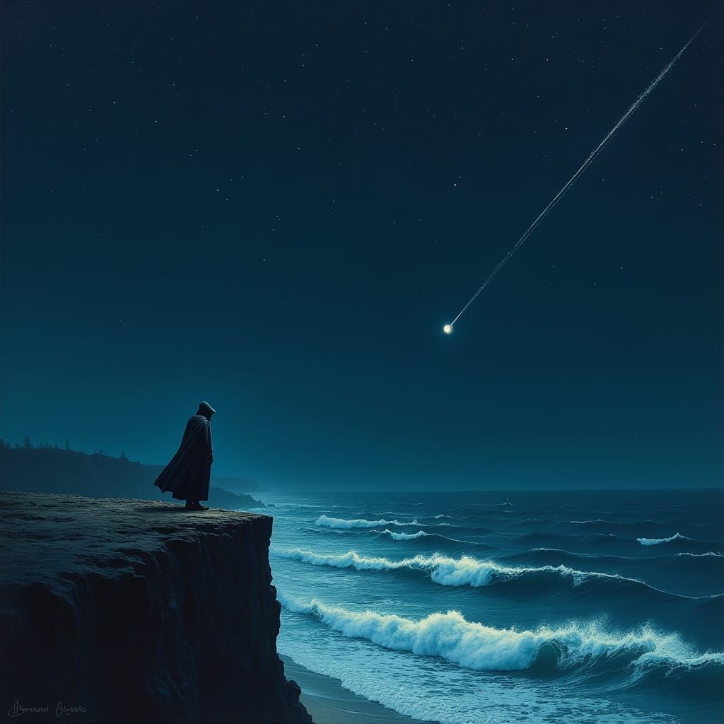 Mysterious Figure Overlooking Starlit Ocean, Ashcan School S...