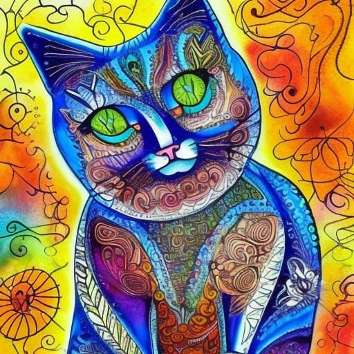 Cat Painting with Zentangle Designs and Marbled Background
