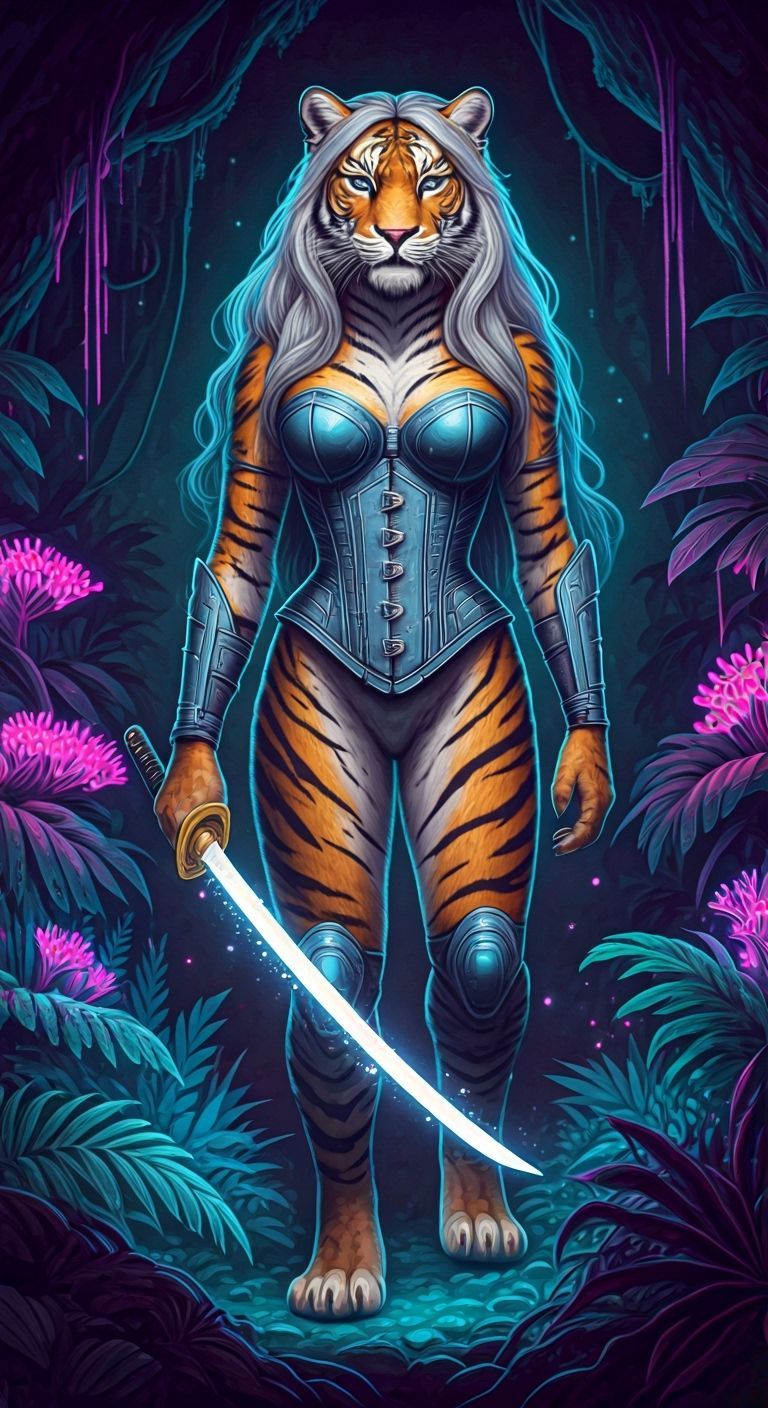 Cyberpunk Saber-Toothed Tiger Warrior in Bioluminescent Jung...