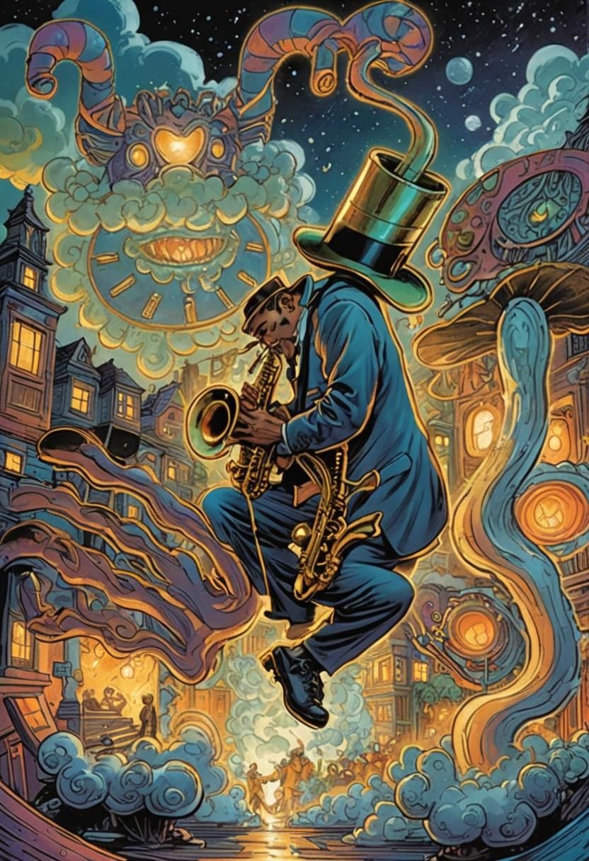 Jazz Band Emerges from Cloud Portals: Comic Book Art
