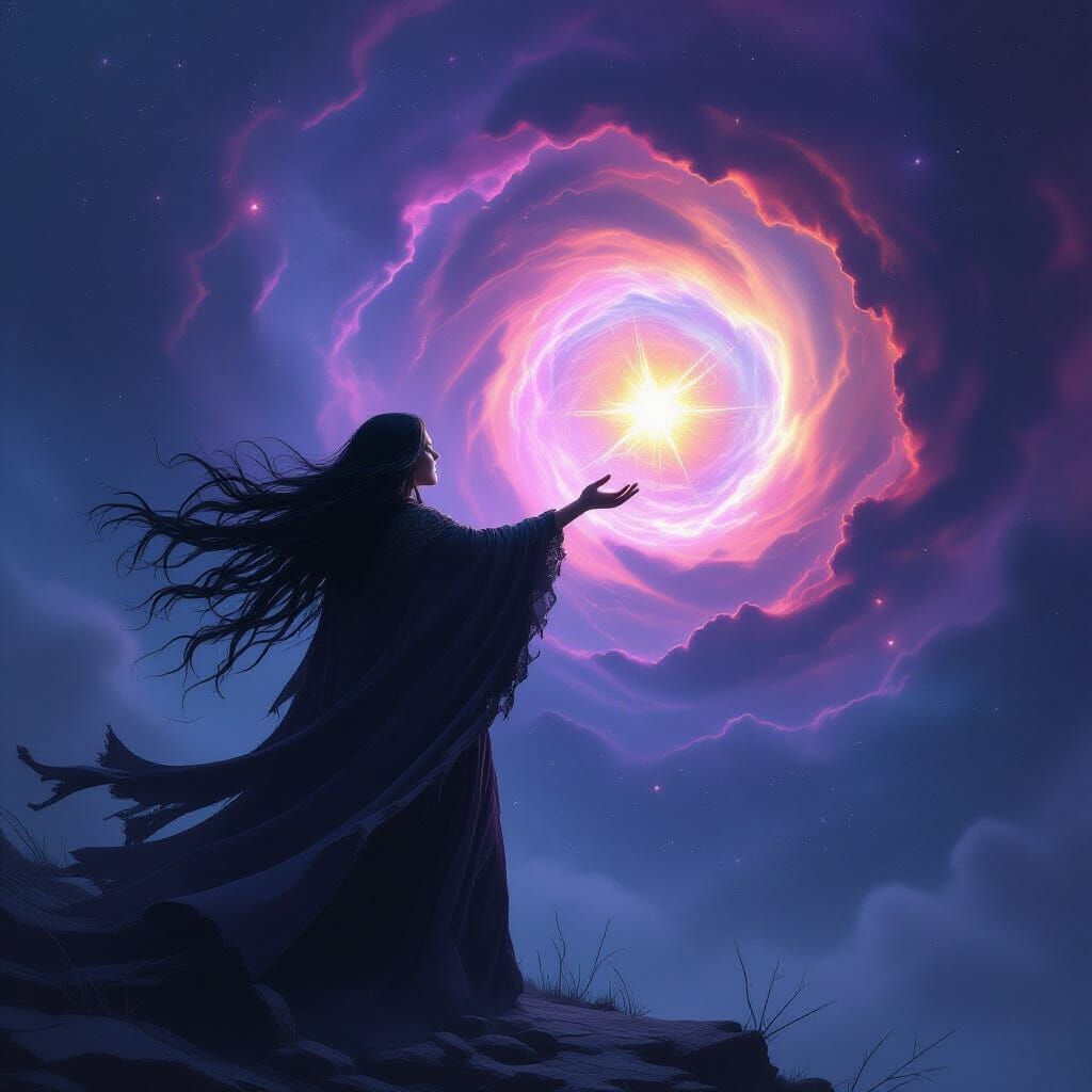 Witch at Cosmic Vortex Edge Reaching for Starlight