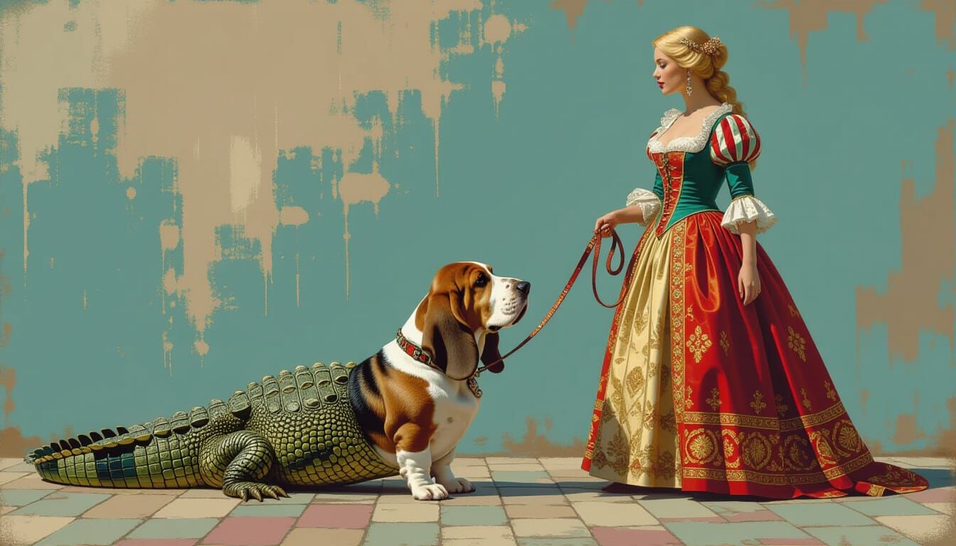 Basset Hound Walked by Lady in Renaissance Dress