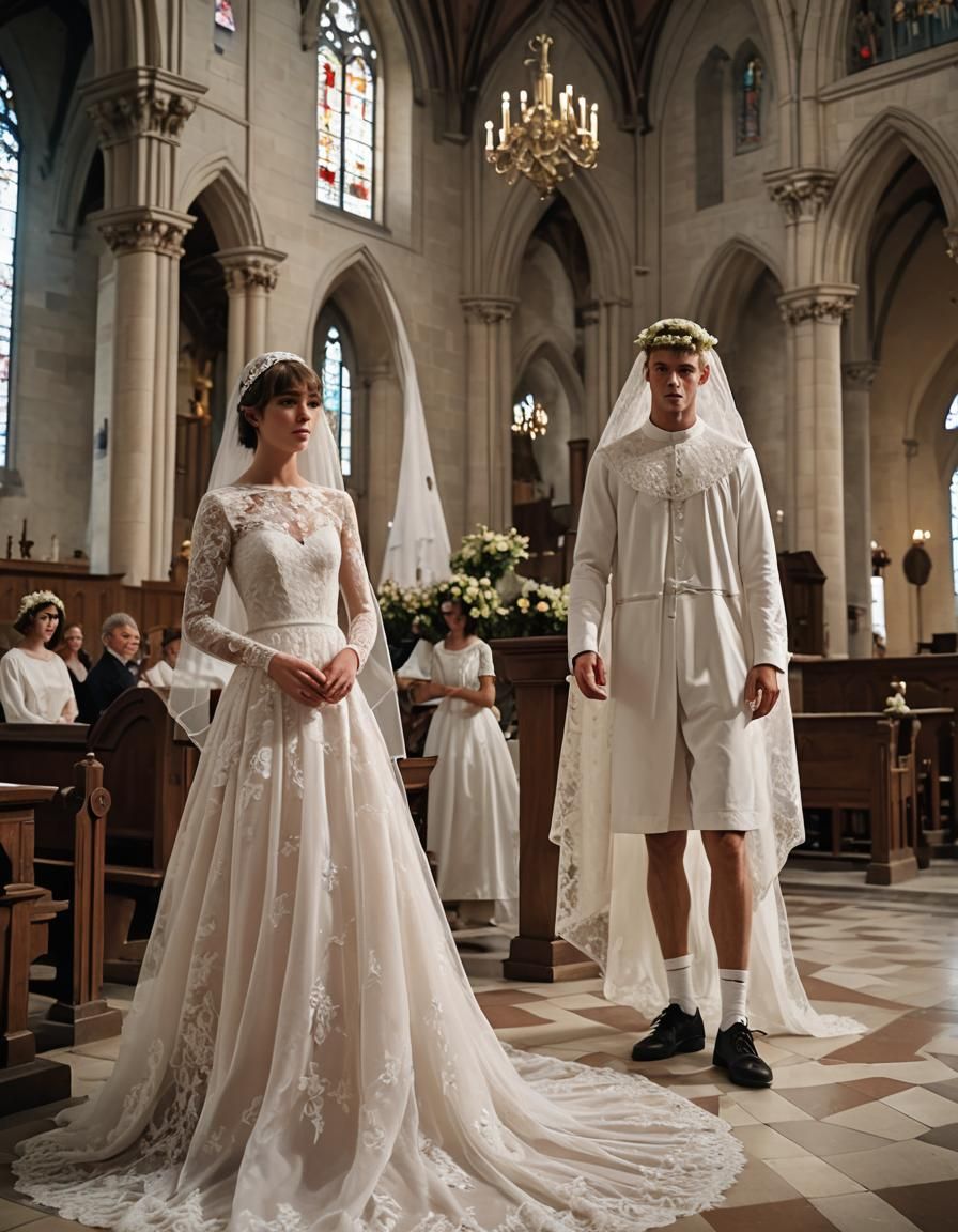 Crossdressing Groom at Altar, Cinematic Film Still