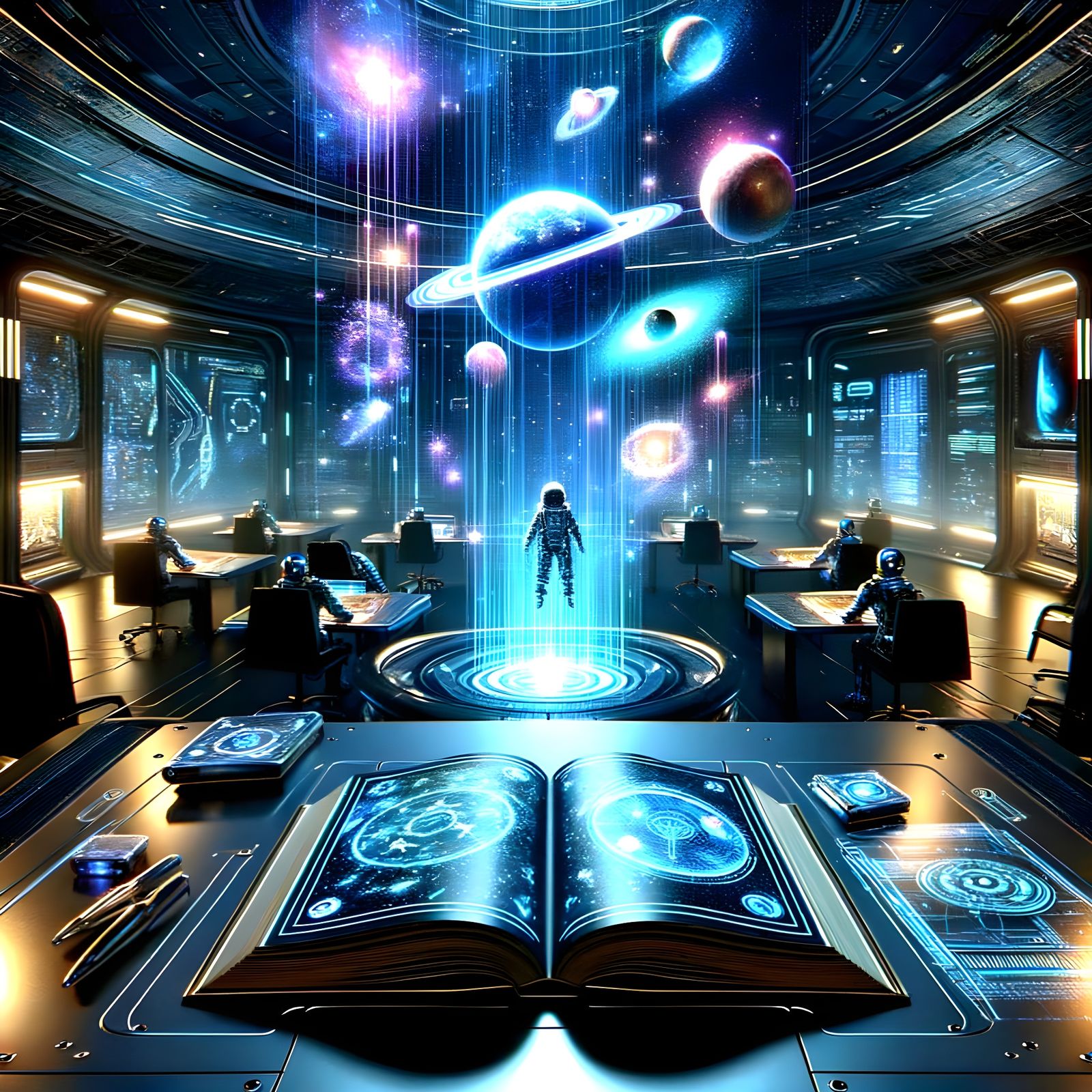 Futuristic Classroom with Holographic Space Exploration