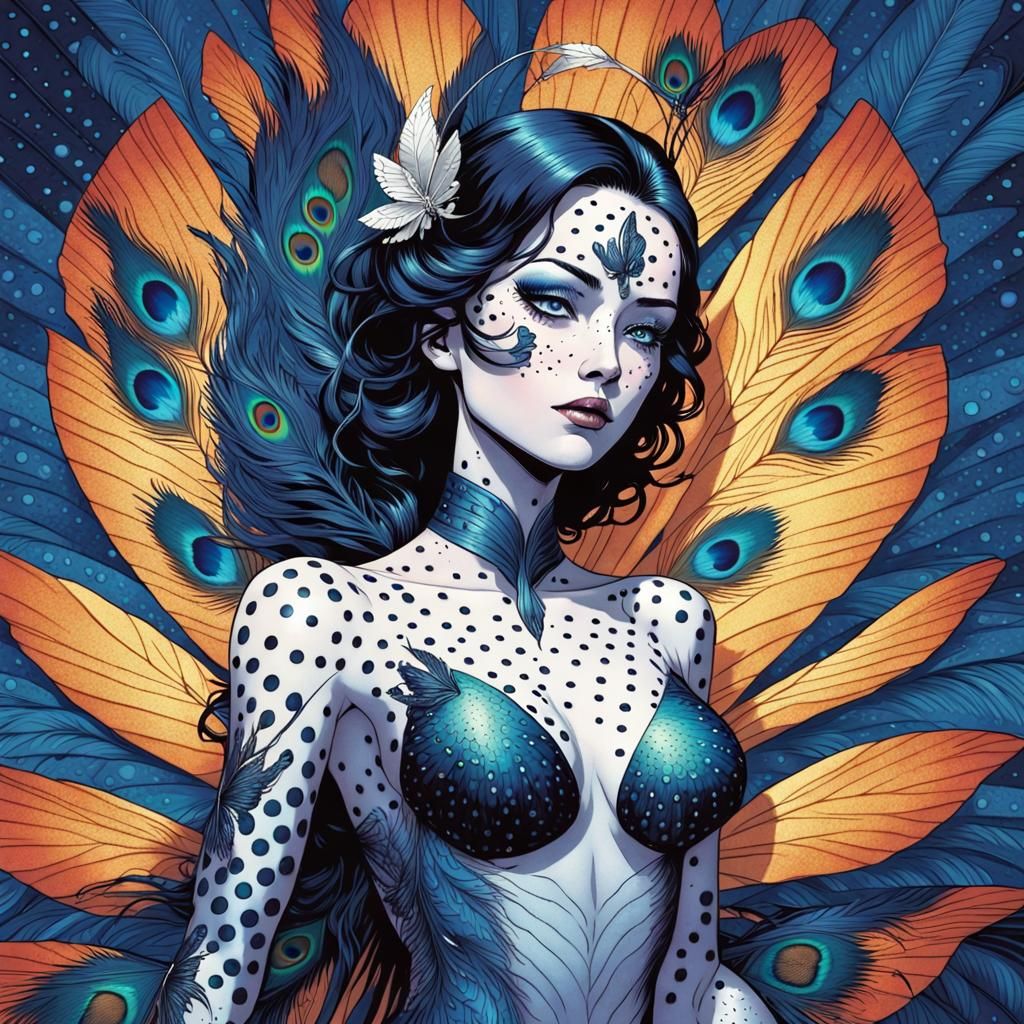 Butterfly Woman with Peacock Feathers in Comic Art Style