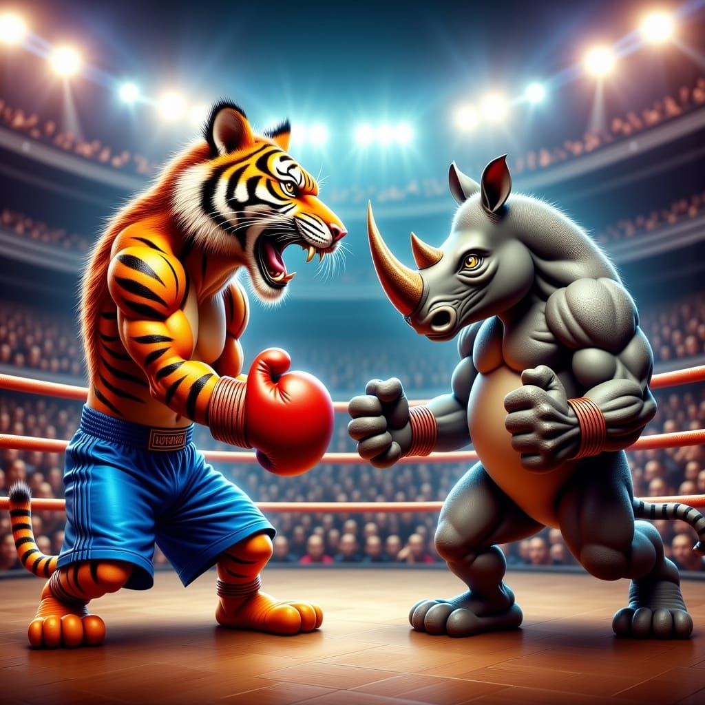 Tiger Boxer Versus Rhino in Comic Book Style