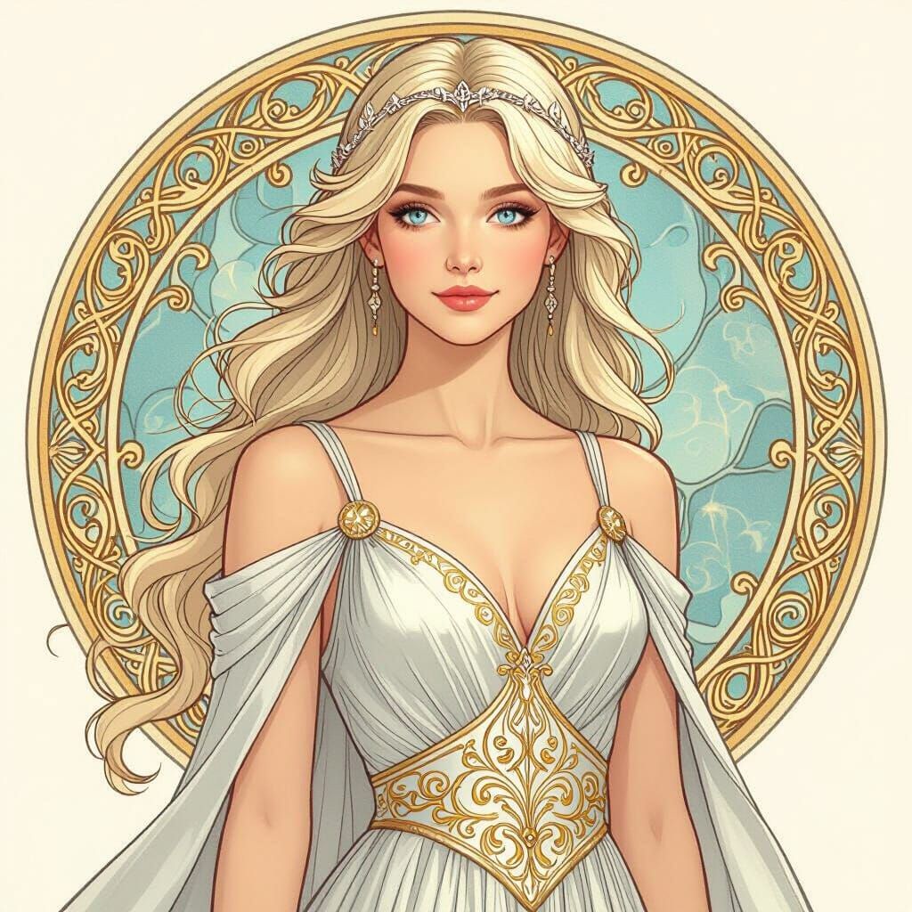 Serene Woman in Flowing Silver Gown, Art Nouveau Style