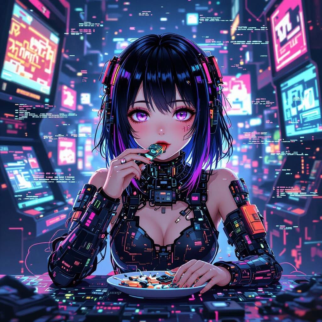 Cyberpunk Girl Consuming Electronics in Corrupted Arcade