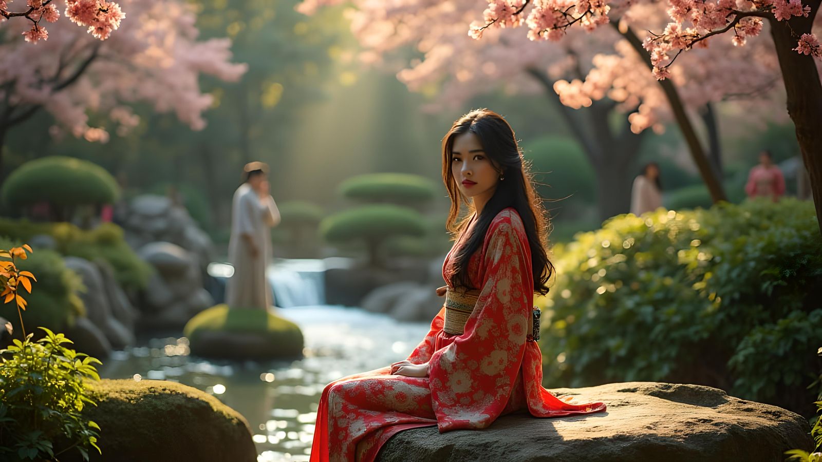 Asian Woman in Japanese Garden: Cinematic Film Still