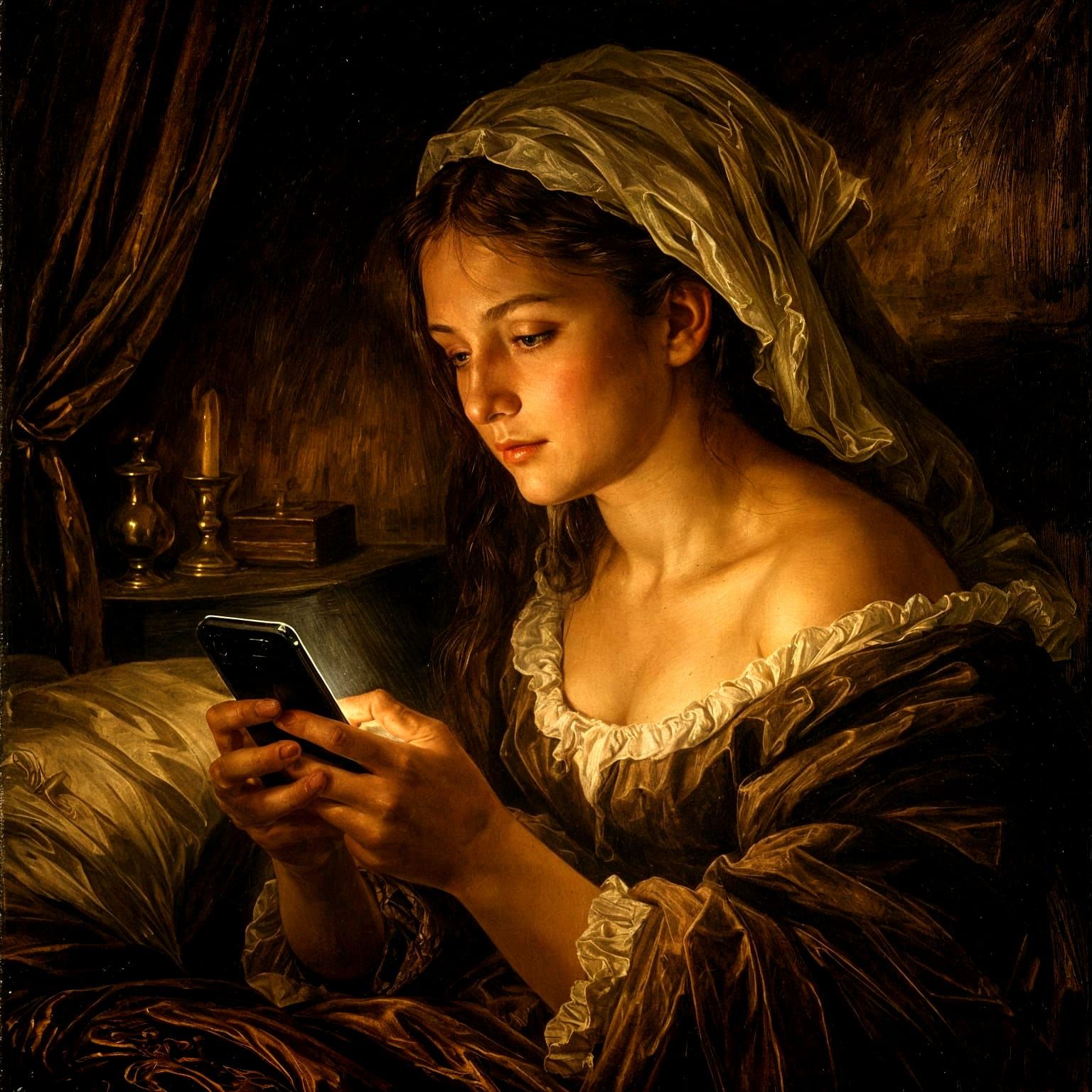 Renaissance Woman Gazes at Illuminated Mobile Phone