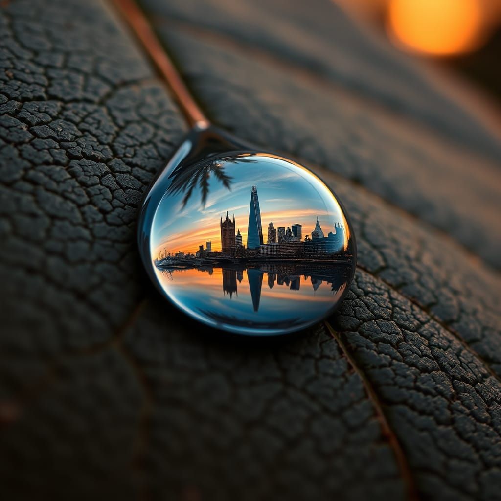 London Cityscape Reflected in a Raindrop
