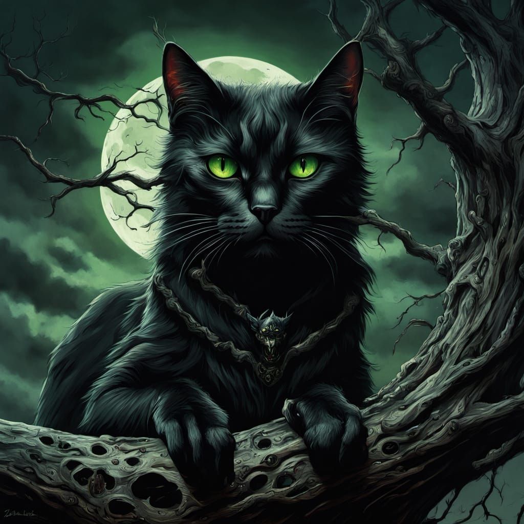 Gothic Black Cat in Moonlit Stormy Sky