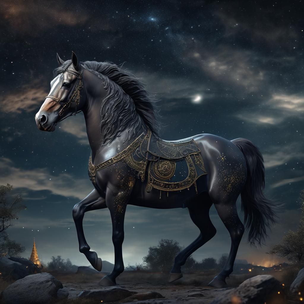 Epic Trojan Horse Against Starry Night Sky