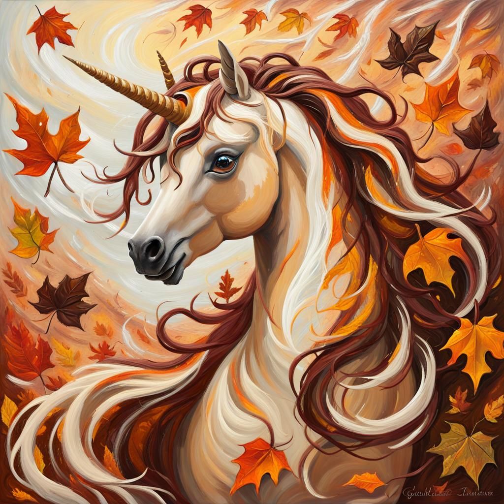 Whimsical Autumn Unicorn in Acrylic Impasto Style