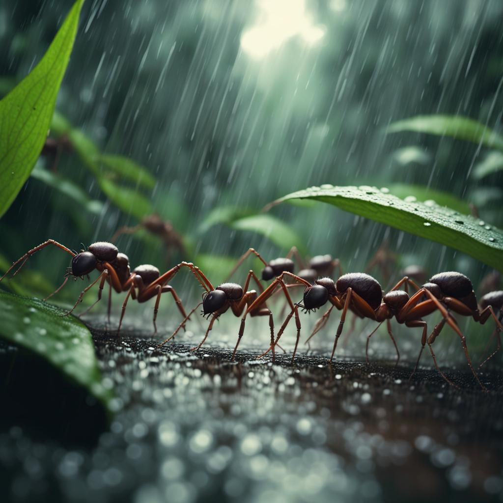 Ant Army Marching Through Jungle in Rain