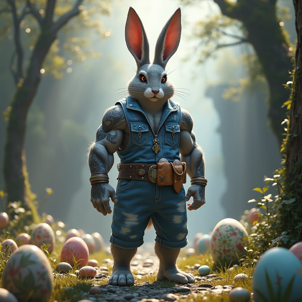 Cyberpunk Easter Bunny Emerges from Fantasy Grove