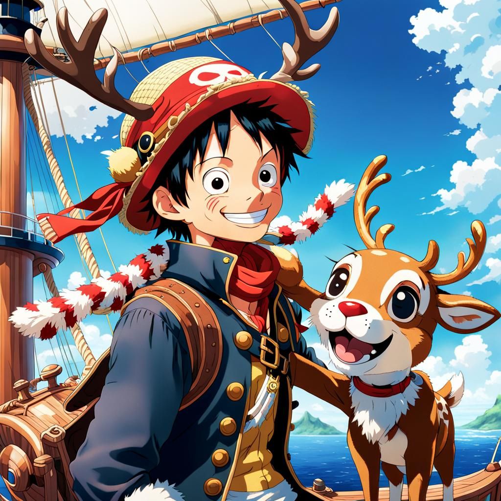 Luffy, a young pirate with a cute reindeer on a sunny deck of a sailing ship