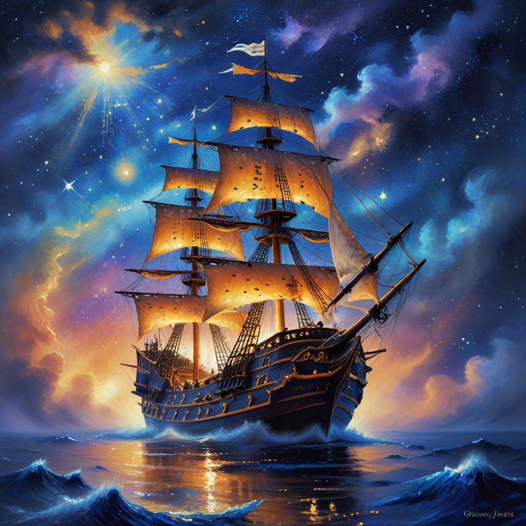 Impressionist Pirate Ship Sailing Through Stardust