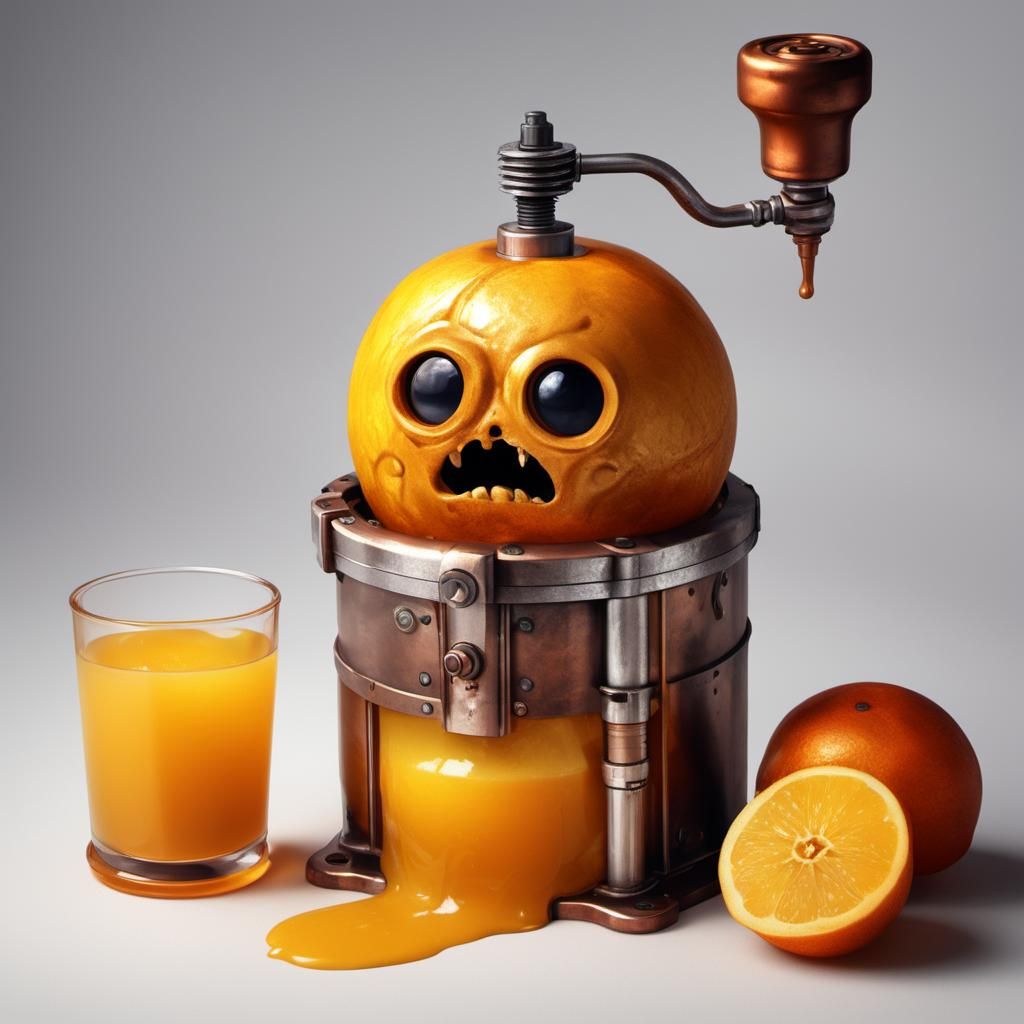 <lora:Kyootness:2.0> A frightened, anthropomorphized pear with a distorted, frightened face is slowly crushed in a slend...