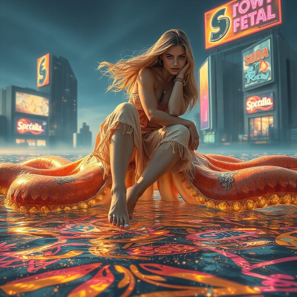 Luminous Woman on Surreal Squid in Neon City