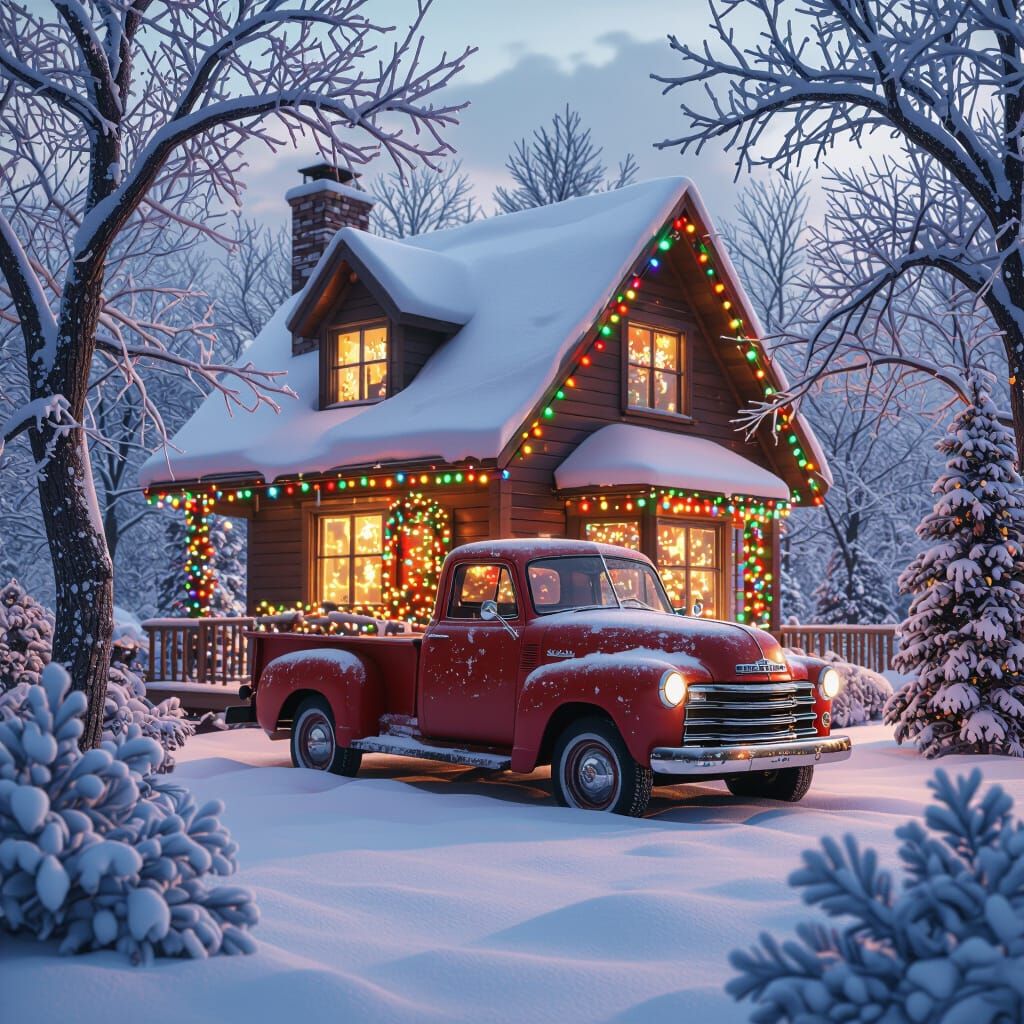 Anime-Inspired Winter Home with Classic Chevy Truck