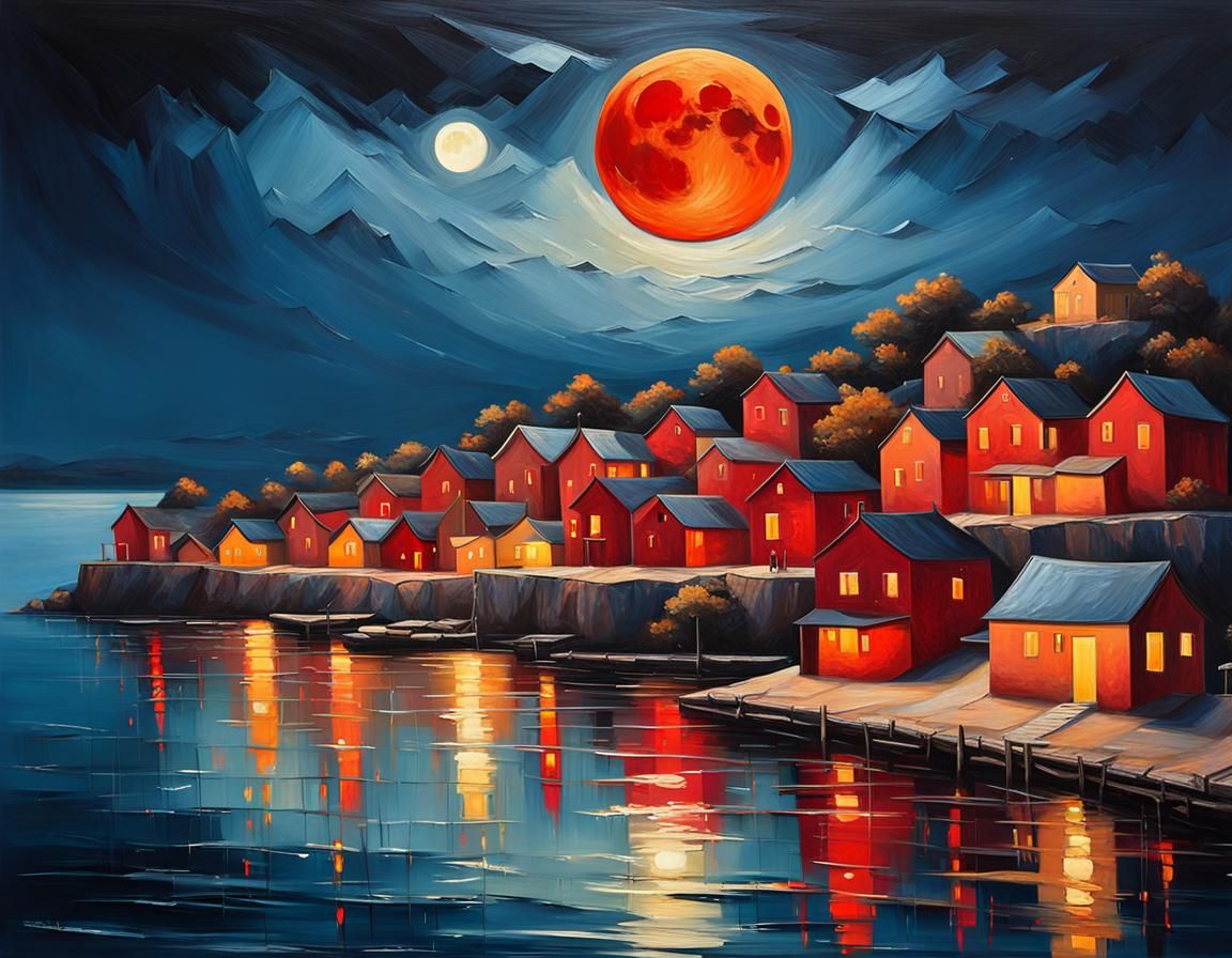 Coastal Village Under Red Moon as Ethereal Oil Painting