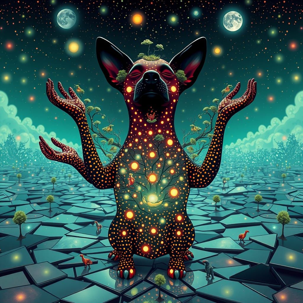 Surrealism Meets Whimsy in Dotted Canine Landscape