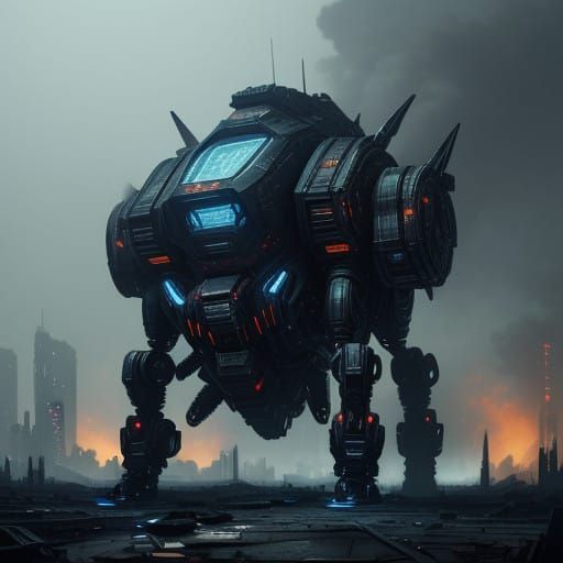 Gritty Futuristic War Machine in Dystopian Ruins