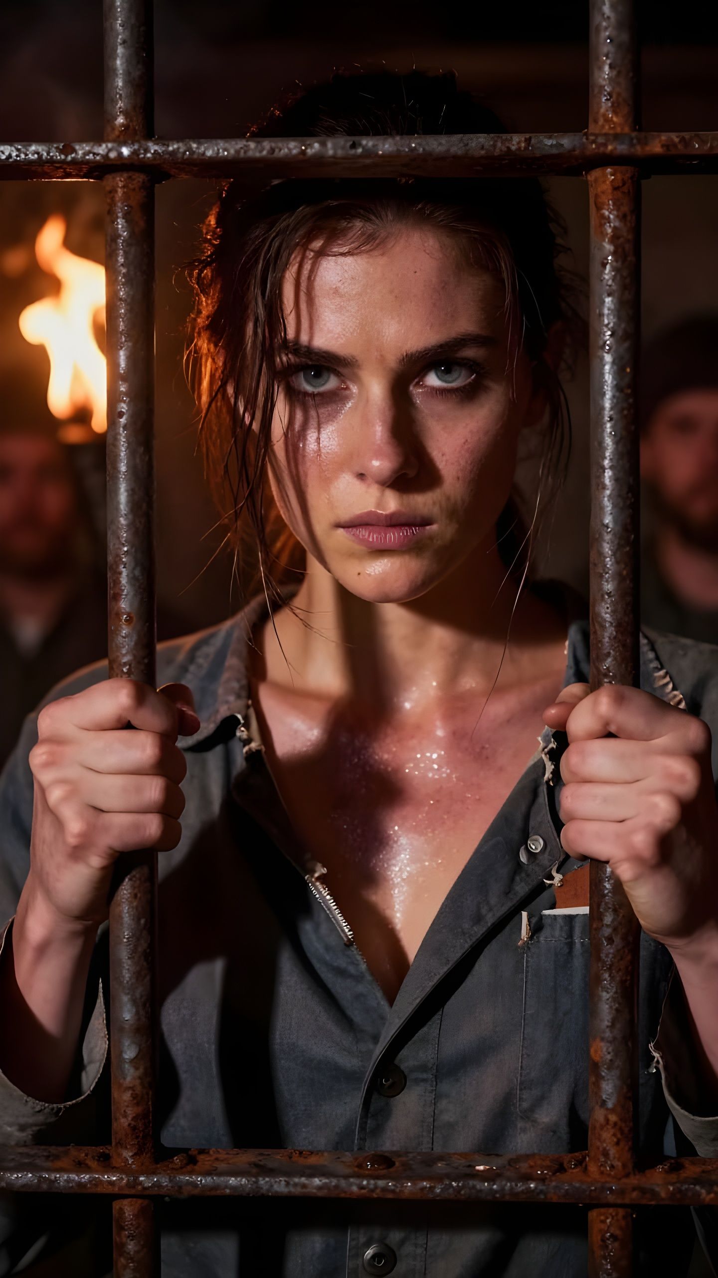 Rebel Leader Grips Cage Bars in Torchlit Dungeon